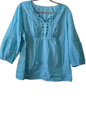 ST. JOHN'S BAY WOMEN'S TURQUOISE EMBROIDERED PEASANT BLOUSE SIZE PXL